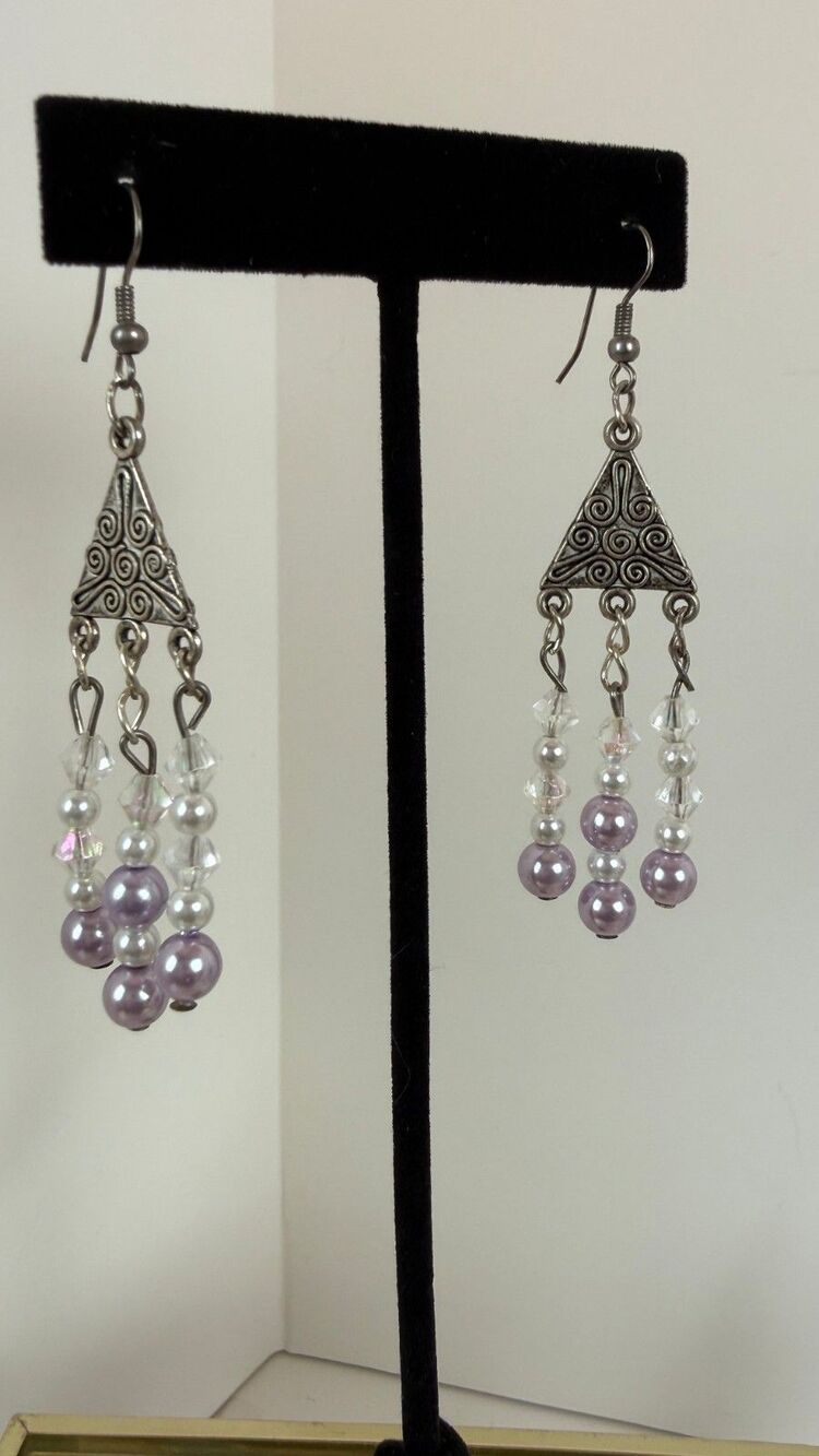 Lavender Faux Pearl Chandelier Earrings Silver Tone Beaded Dangle